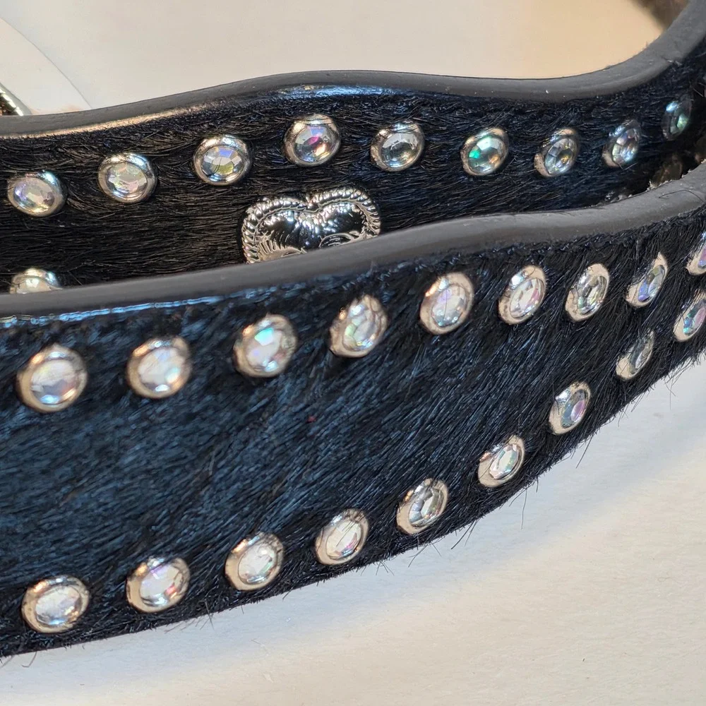 3D Belt DDD Womens 30 Black Leather Western Hair on Hide Rhinestone Studded Belt